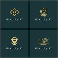 Collection of minimalist animal logo design lines, bee, bull, duck, and octopus. abstract vector design logos.