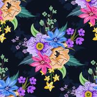 Colorful botanical seamless floral pattern on dark background. vector