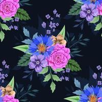 Colorful botanical seamless floral pattern on dark background. vector
