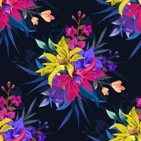 Colorful botanical seamless floral pattern on dark background. vector