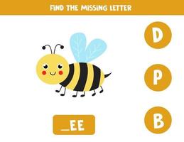 Find missing letter with cute bee. Spelling worksheet. vector