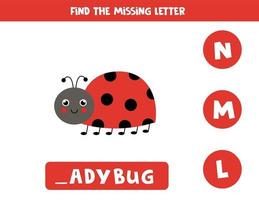 Find missing letter with cute ladybug. Spelling worksheet. vector