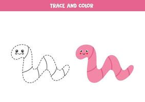 Trace and color cute worm. Worksheet for kids. vector