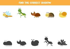 Find the correct shadows of cute insects. Logical puzzle for kids. vector