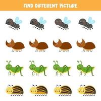 Find cute insect which is different from others. Worksheet for kids. vector