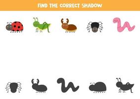 Find the correct shadows of cute insects. Logical puzzle for kids. vector