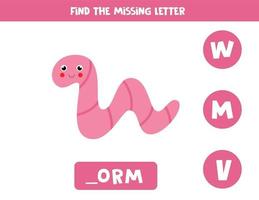 Find missing letter with cute worm. Spelling worksheet. vector