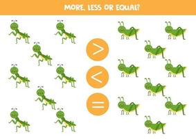 More, less, equal with cute praying mantis and grasshopper. vector