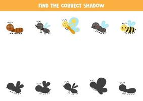 Find the correct shadows of cute insects. Logical puzzle for kids. vector