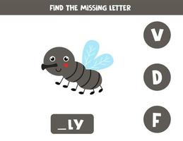 Find missing letter with cute gnat. Spelling worksheet. vector