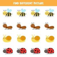 Find cute insect which is different from others. Worksheet for kids. vector