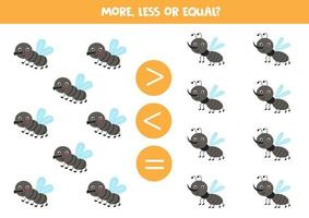 More, less, equal with cute flies and gnats. vector