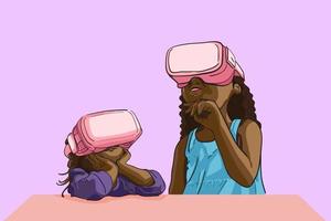 Little girls wearing virtual reality device VR kids learning how to use vr device and interesting student studying vr in imagination, content for contributor flat vector illustration.