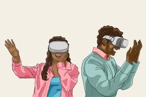 personas emocionantes sobre cómo usar el dispositivo vr de realidad virtual, un par de personas negras con un estilo de cabello afro rizado agradable con el dispositivo vr, contenido para el colaborador, ilustración vectorial plana. vector