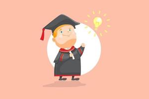 The intelligent boy graduated the boy in academical dress or subfusc with bright sign light bulb, smart kid success in achievement on egg color background flat vector illustration.