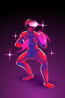 The man posing prepare to fight, by wearing virtual reality machine VR, imagination to fight someone in digital world, tai chi, kung fu, karate, taekwondo, jujutsu, vector illustration in violet.