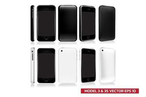 Set of Second Generation of model smartphone in different view front, side, back, 2 Color black and white, Mock up realistic vector illustration on white background.