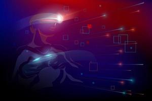 Hombre vestido con dispositivo de realidad virtual vr jugando, movimiento de movimiento en el mundo digital abstracto 3d, ilustración vectorial vector