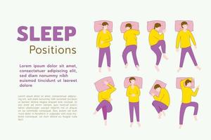 Sleep positions of human, how posing human can be in sleeping time,  flat vector illustration