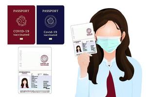 Passport for whom have covid-19 vaccine injection, coronavirus vaccinated passport for travelers or businessmans identifield themselves,the girl shown passpor tvector illustration on white background.