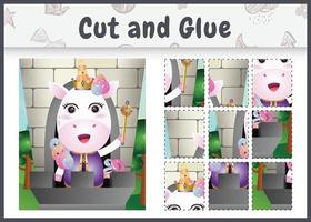 Children board game cut and glue with a cute king unicorn character illustration vector