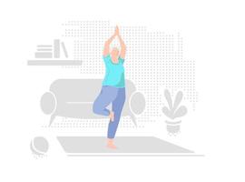 Elderly woman alone doing yoga at home. Indoor retired leisure. Active healthy lifestyle quarantined. Sport, fitness for senior person. Balance training. Old character exercises in vector illustration