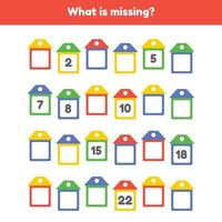 What is misssing number. Worksheet for kids kindergarten. preschool and school age. Color houses. vector