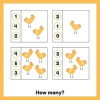 cuántos pollos. hoja de trabajo para niños en edad preescolar, preescolar y escolar. aprender números. juego de contar.