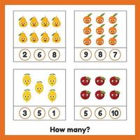 cuántas frutas. manzana, pera, naranja y limón. hoja de trabajo para niños en edad preescolar, preescolar y escolar. aprender números. juego de contar.