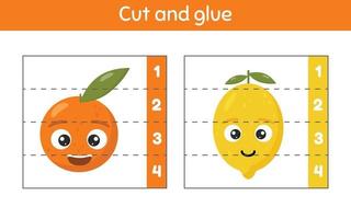 Cut and glue. Learning numbers. Worksheet for kids kindergarten, preschool and school age. Orange and lemon. vector
