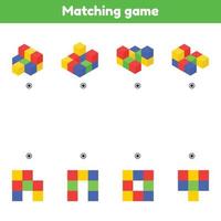 Find the top view. Matching game. Color cubes. Worksheet for kids kindergarten, preschool and school age. vector