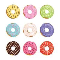 Color set sweet donut isilated on white background. Doughnut collection. Icing with chocolate, strawberries, lemon, apple, vanilla. vector