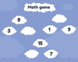 Math game on addition for preschool and school age children. Fill the missing numbers. Clouds. vector