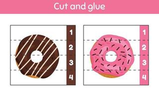 Cut and glue. Learning numbers. Worksheet for kids kindergarten, preschool and school age. Donuts. vector