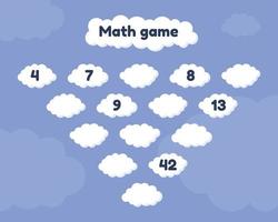 Math game on addition for preschool and school age children. Fill the missing numbers. Clouds. vector