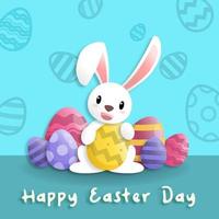 Happy easter day in paper art style with rabbit and easter eggs. greeting card, posters and wallpaper. Vector illustration.