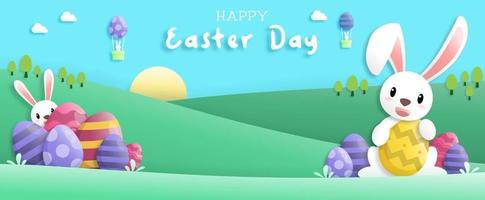 Happy easter day in paper art style with rabbit and easter eggs. greeting card, posters and wallpaper. Vector illustration.