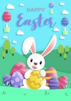 feliz día de pascua en papel estilo arte con conejo y huevos de pascua. tarjeta de felicitación, carteles y papel tapiz. ilustración vectorial. vector