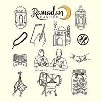 Ramadán kareem sketch set diseño de vector de icono, arte lineal y estilo de contorno