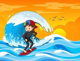 Big wave in the ocean scene with girl standing on a surf board vector