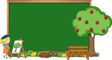 Empty blackboard with an artist girl and apple tree isolated vector