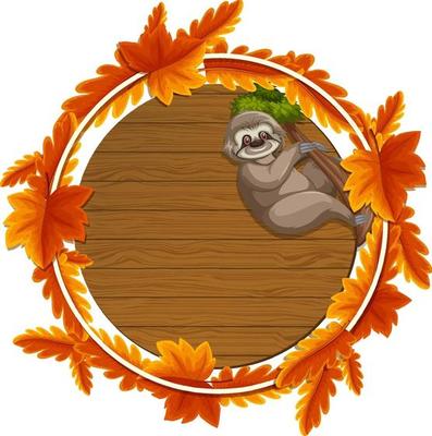 Round autumn leaves banner template with a sloth cartoon character