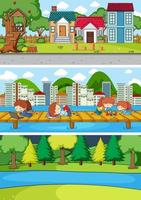 Set of different horizontal scenes background with doodle kids cartoon character vector