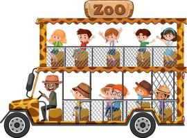 Zoo concept with children on tourist car isolated on white background vector