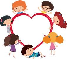 Empty heart shape banner with many kids cartoon character vector