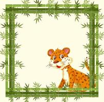 Banner vacío con marco de bambú y personaje de dibujos animados de leopardo vector