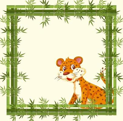 Empty banner with bamboo frame and leopard cartoon character