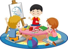 Students with kindergarten room elements on white background vector