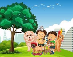 Group of pet with owner in the park scene vector