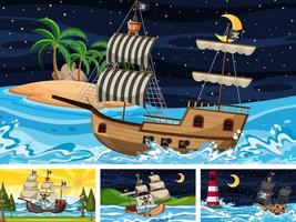 Set of Ocean with Pirate ship at different times scenes  in cartoon style vector